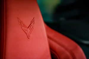 Corvette logo on red leather seat of 2020 Corvette